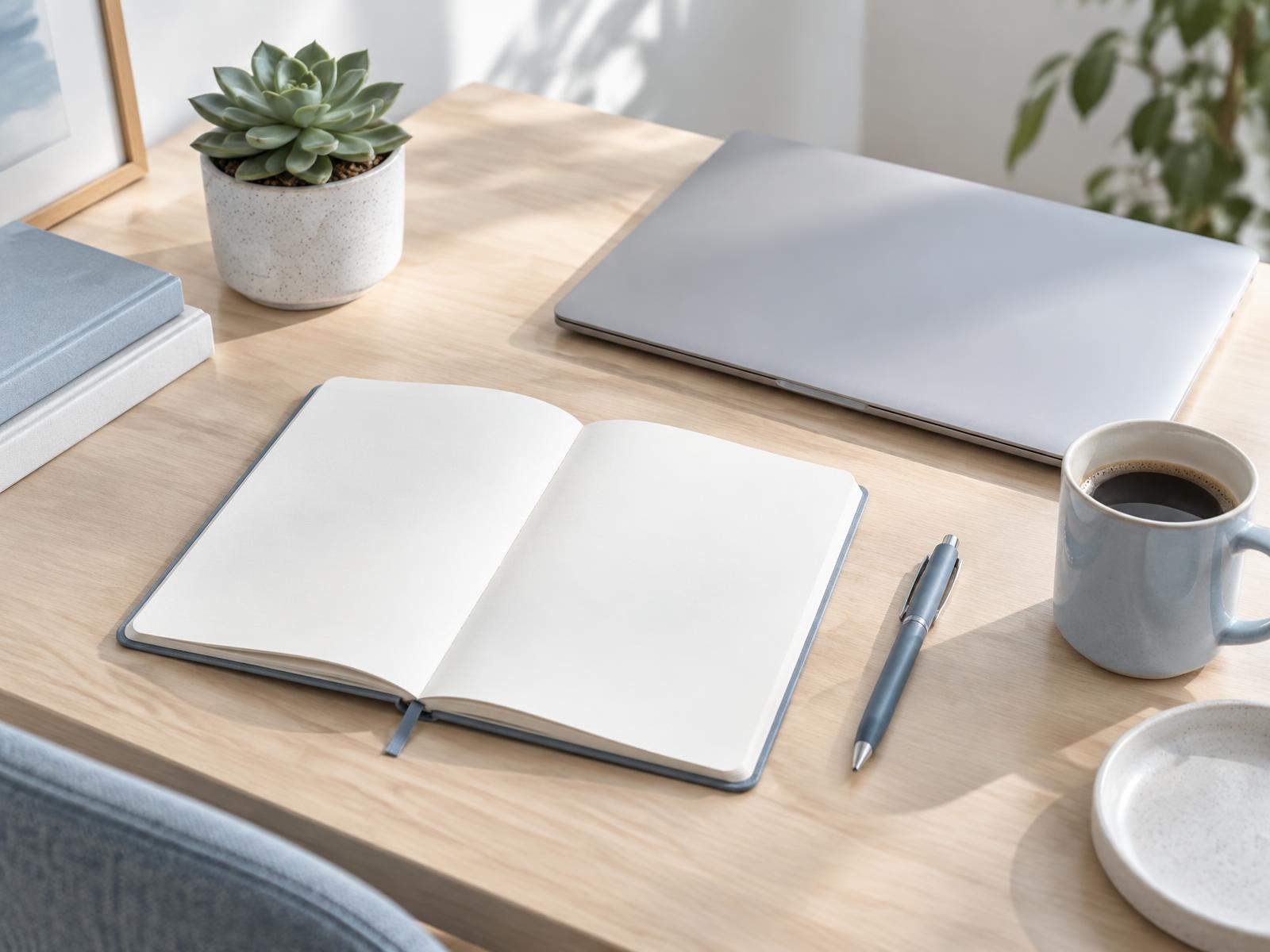 Clean minimal workspace with a notebook, laptop, and plant in soft blue and white tones
